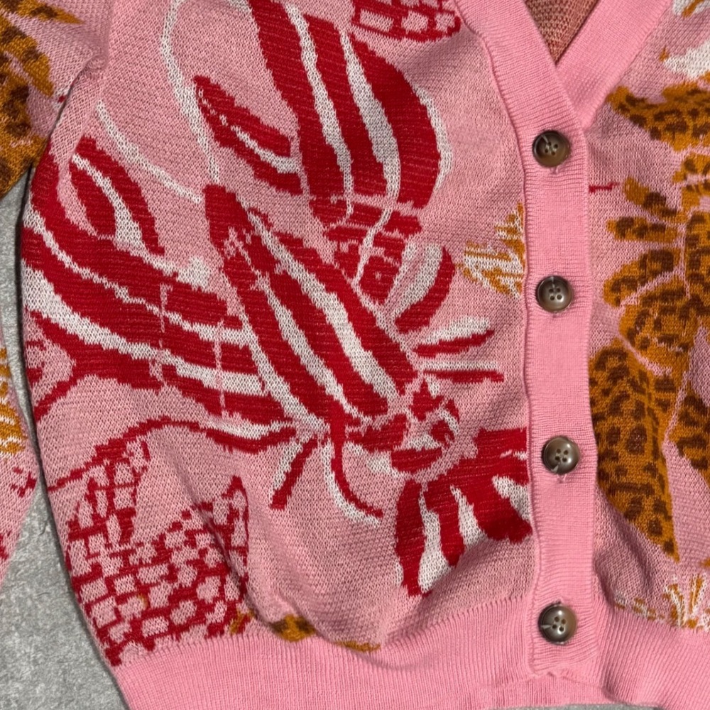 FARM Rio Cardigan Womens L Pink NWT Lobster Leopard Tropical Puff Sleeve Cropped - Picture 6 of 9